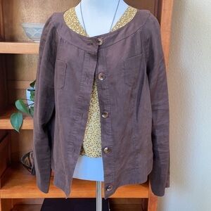 Chocolate brown linen cropped button down top light jacket